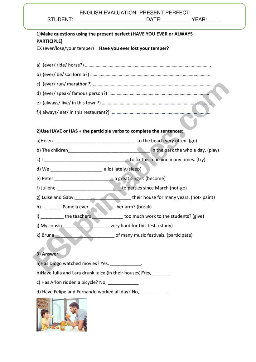 Test Present Perfect worksheet