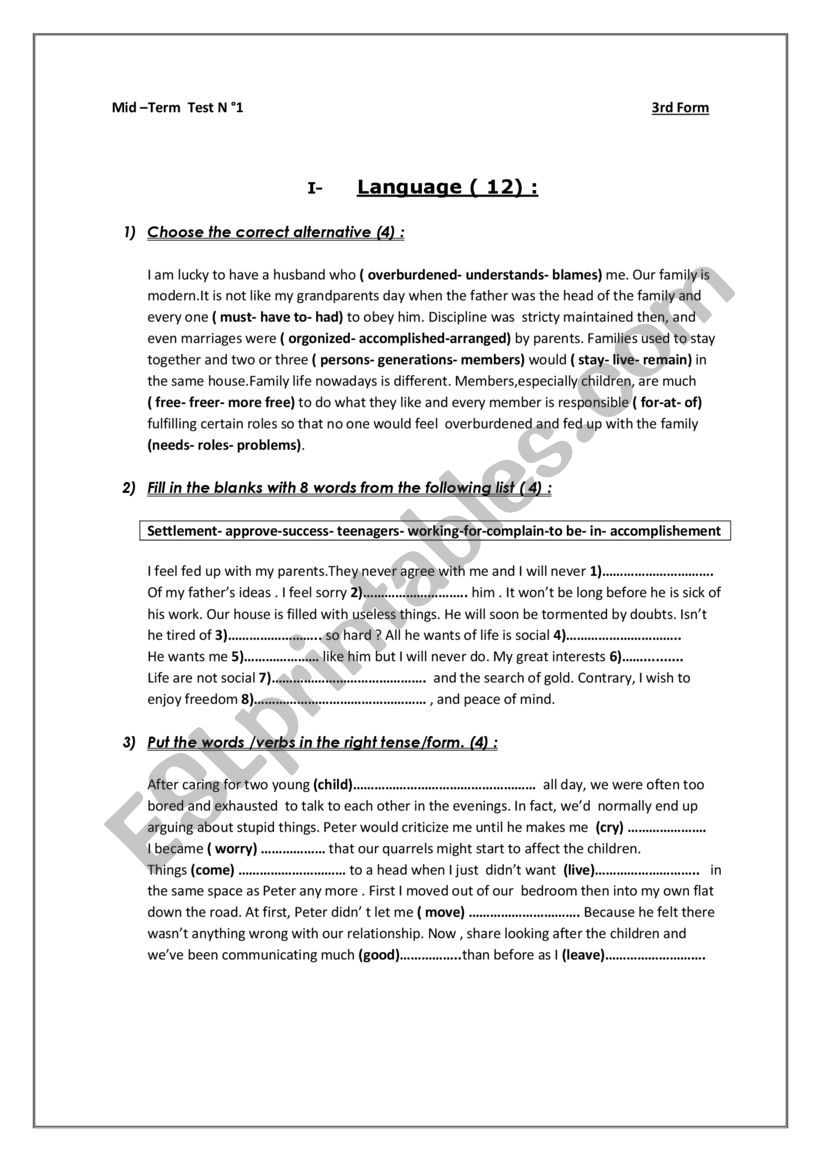 mid -term exam N1      3rd form