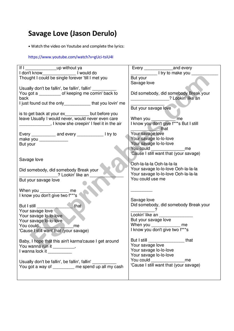 Savage love Jason Derulo worksheet