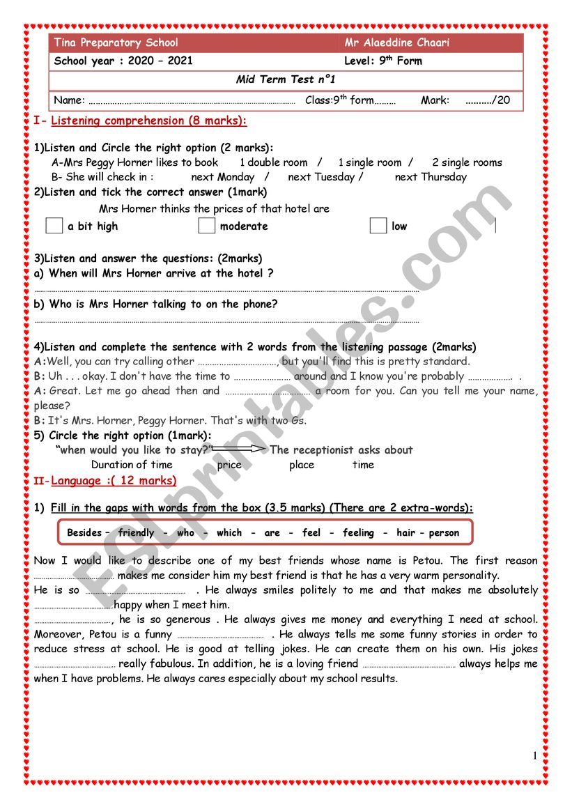 mid term 1 test   9th form worksheet