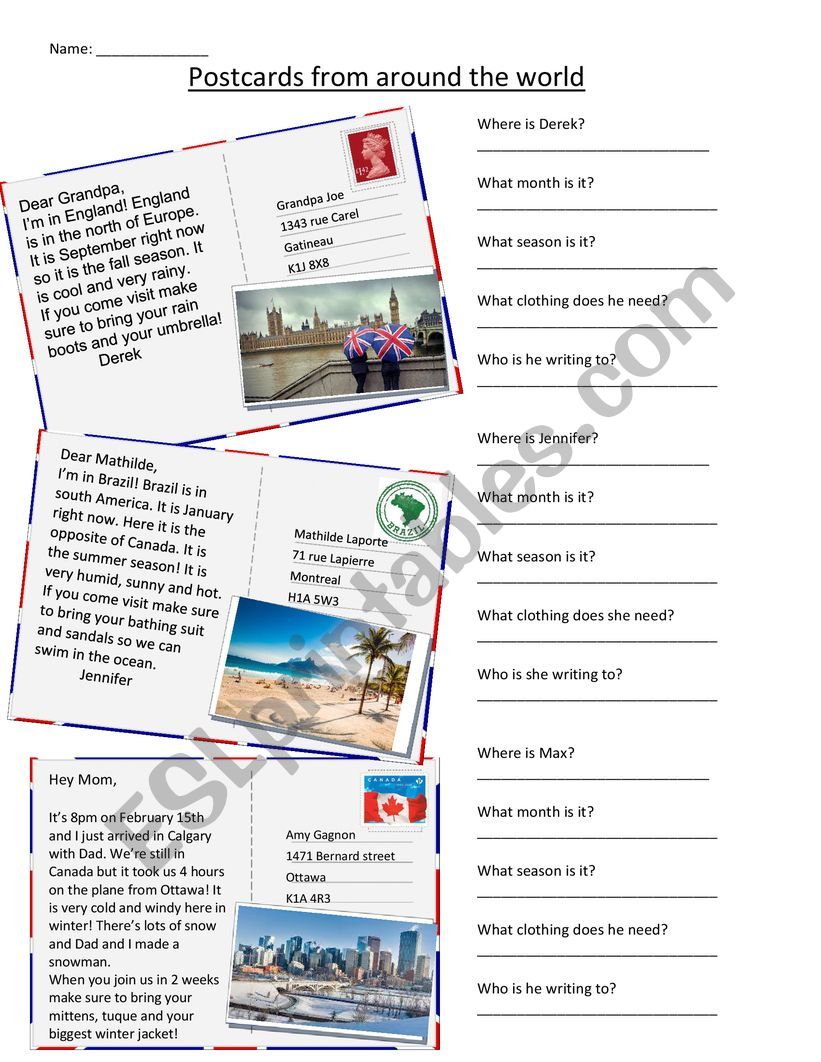 Reading postcards worksheet