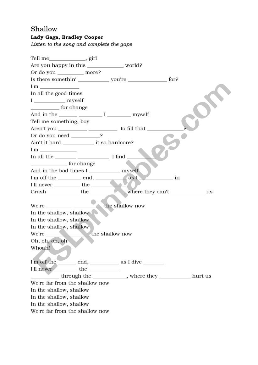 Shallow by Lady Gaga and Bradley Cooper worksheet