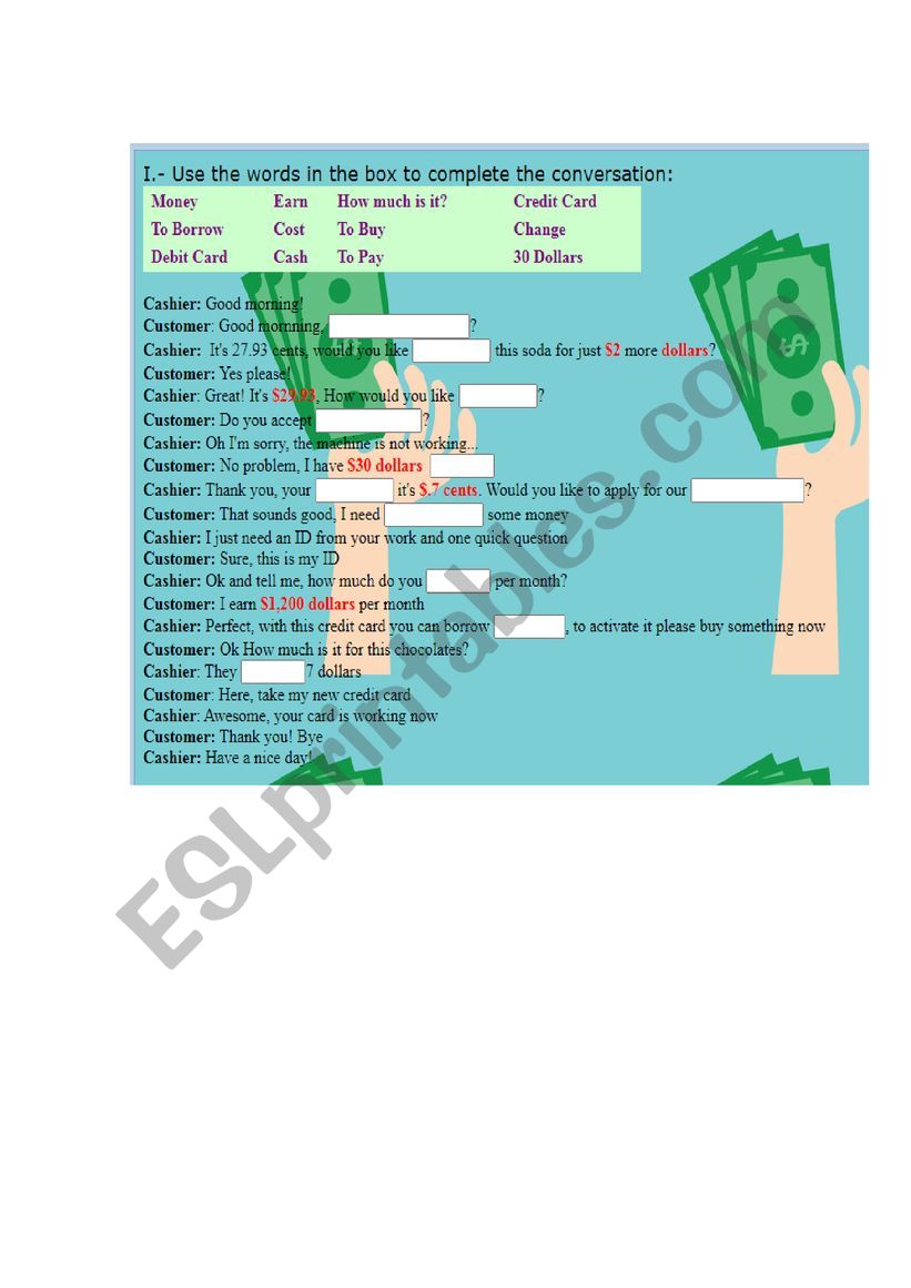 Money conversation worksheet