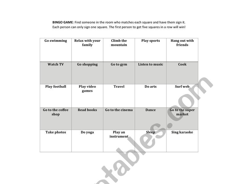 Hobby - Bingo Game worksheet