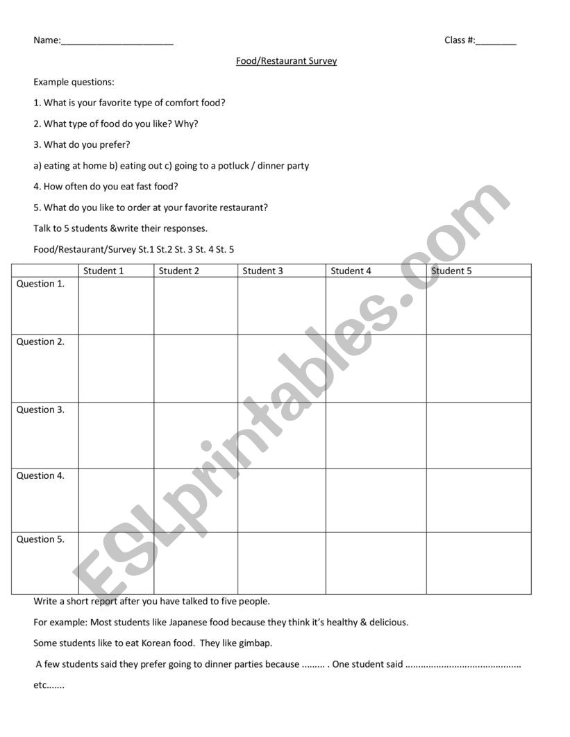 Food Survey worksheet