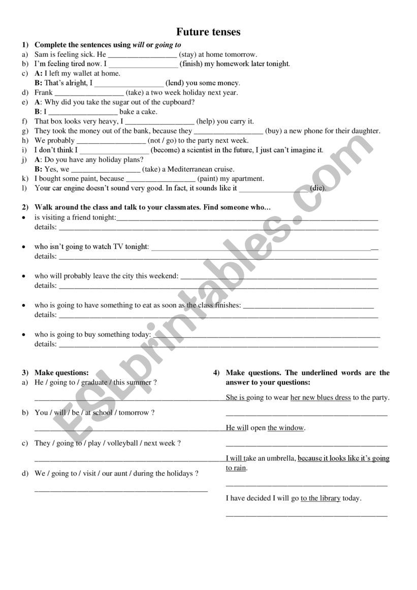 Future tenses worksheet - will + going to