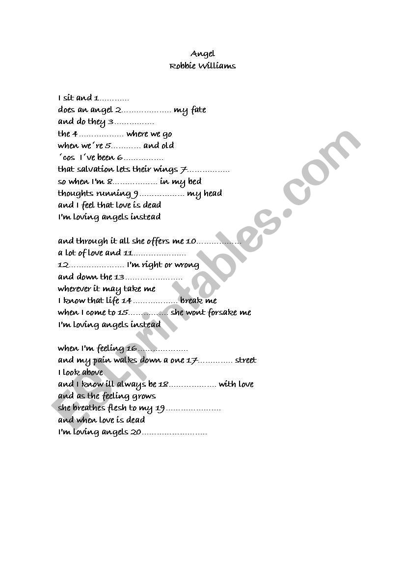 Angel - Robbie Williams worksheet