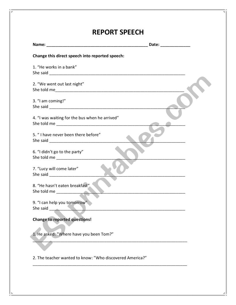 Reported speech worksheet