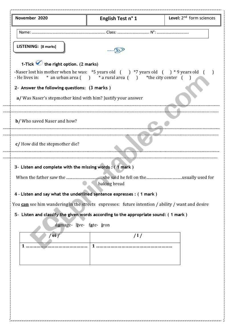 Mid Term English Test 1 2nd form