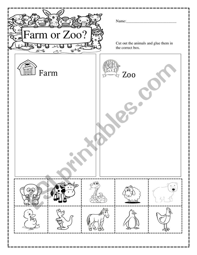 Farm or Zoo sorting animals worksheet
