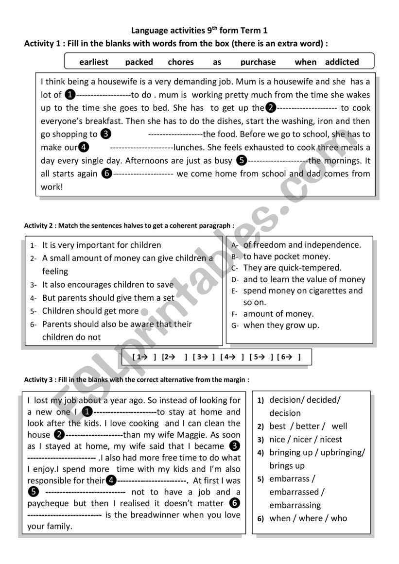 family life  worksheet