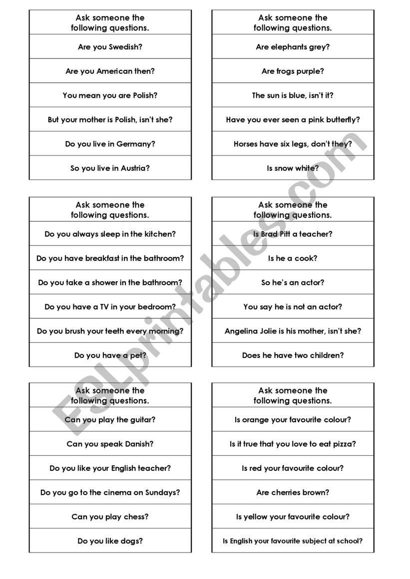 Yes- No Game worksheet