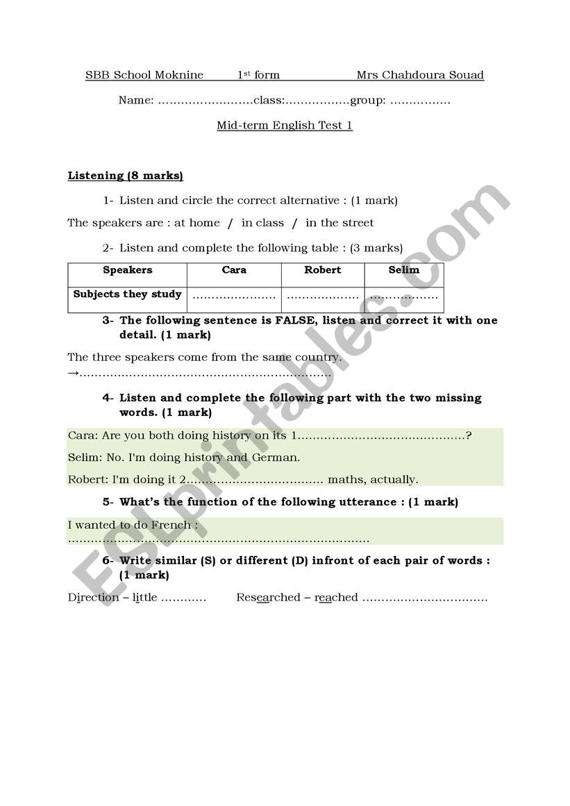 MID TERM 1 TEST FIRST FORM TUNISIAN PROG