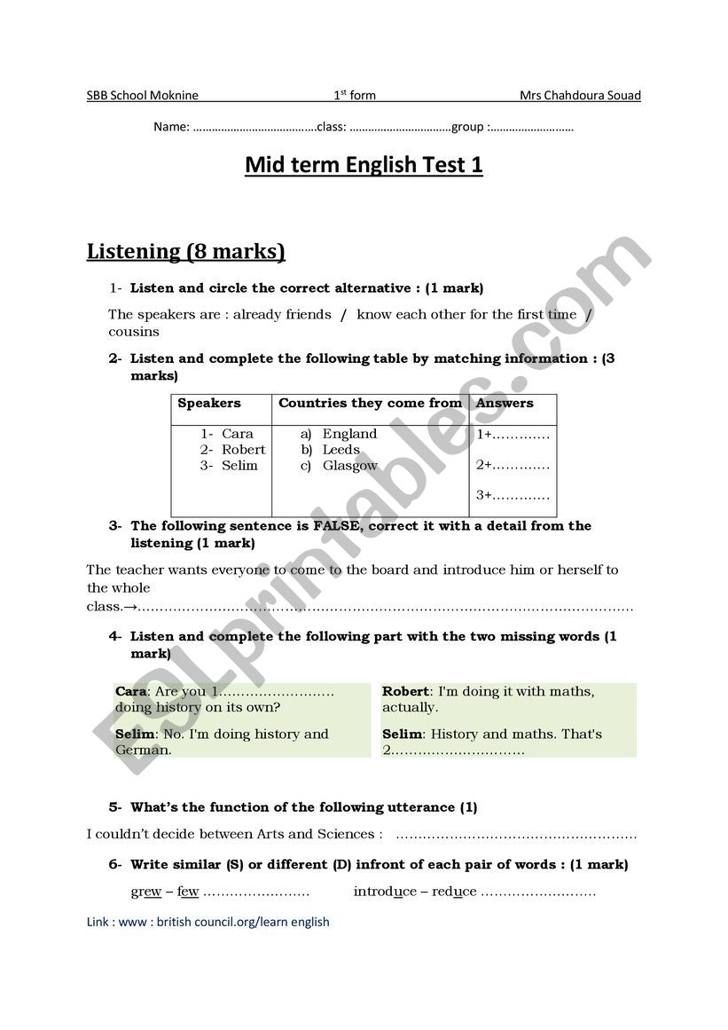 MID TERM 1 TEST FIRST FORM TUNISIAN SYLLABUS