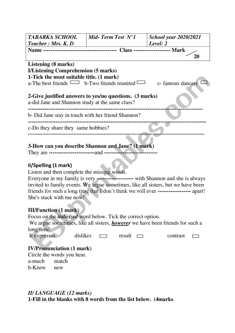 Mid Term Test level 2 worksheet