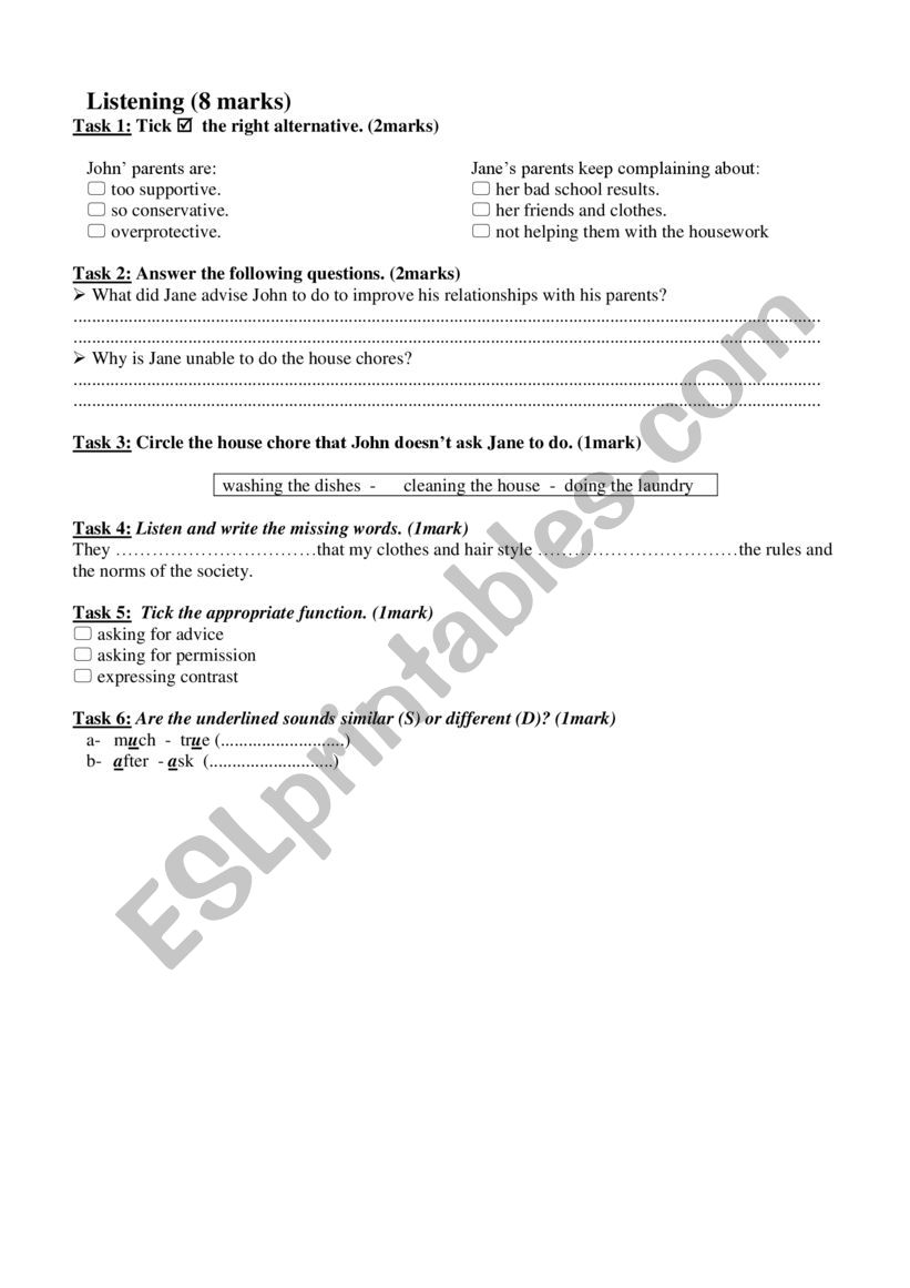 9th mid term test1listening worksheet