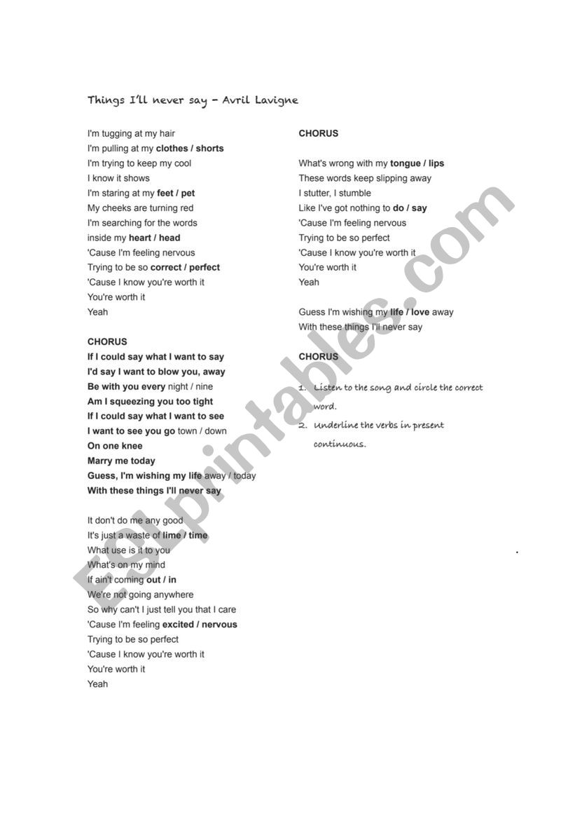 Things I�ll never say worksheet
