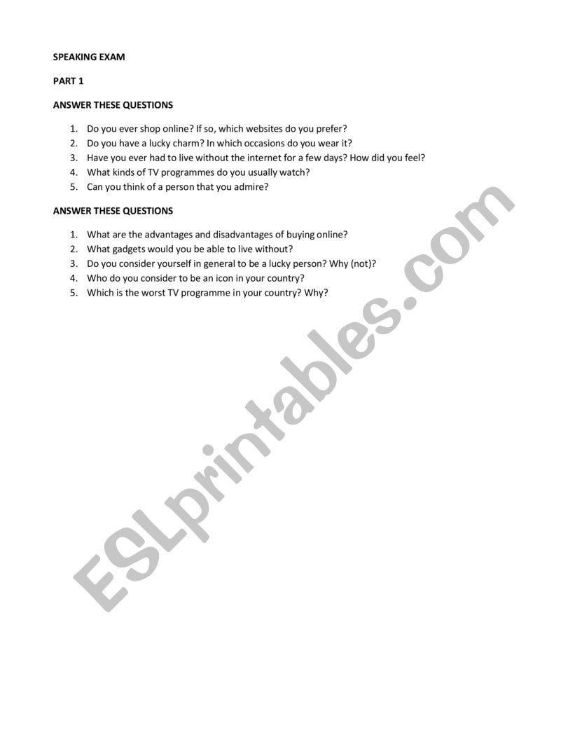 SPEAKING PRE FCE worksheet