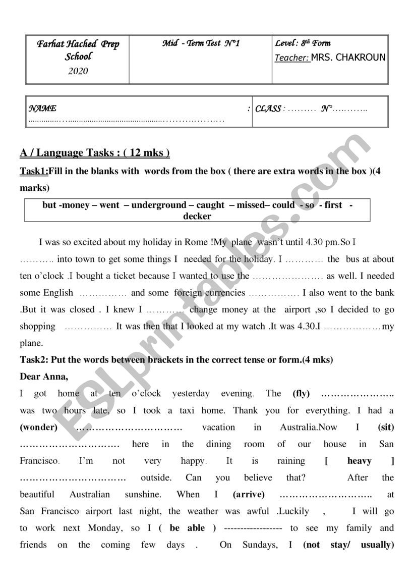 Grade 8 mid -term test 1 Tunisian program