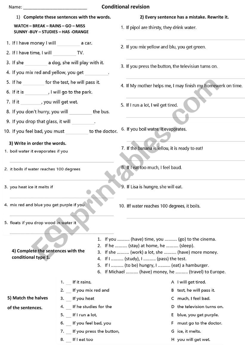 Conditional revision worksheet