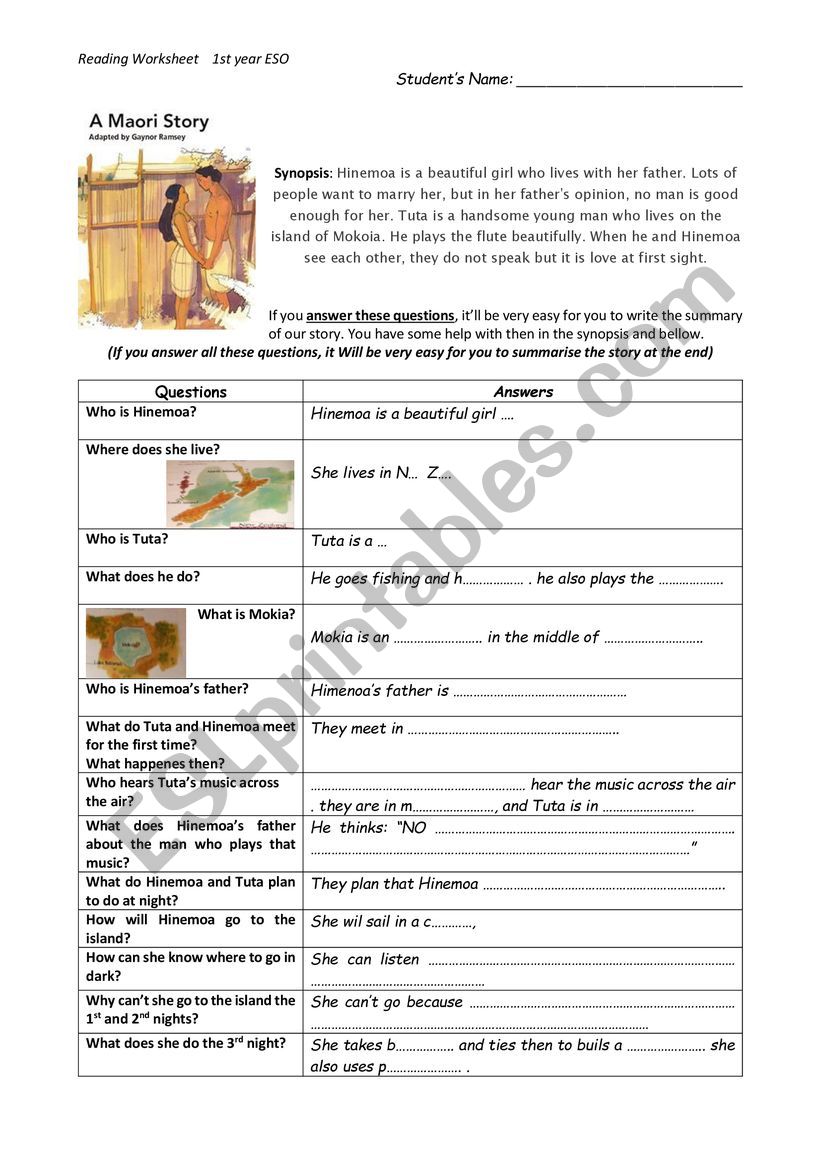 A Maori Story Reading File worksheet