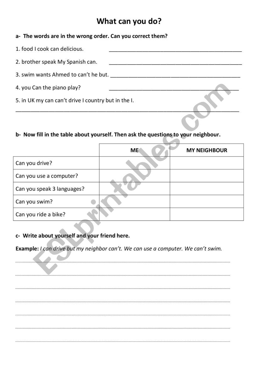 Can or Can�t Ability worksheet
