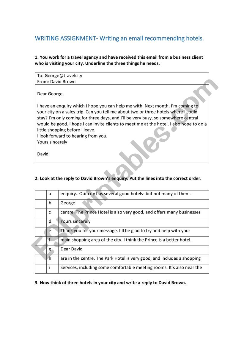 Recommending a hotel  worksheet