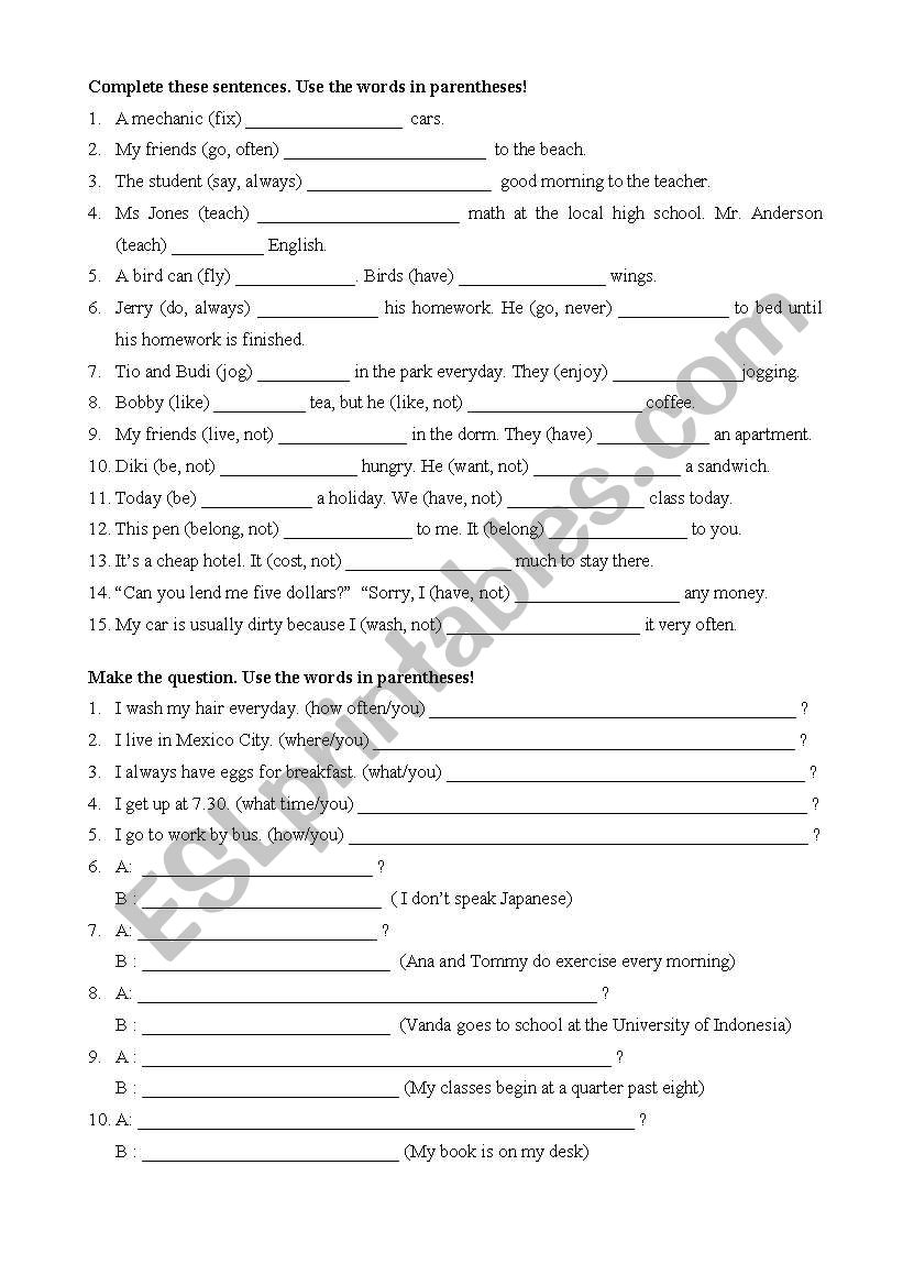 Placement test worksheet