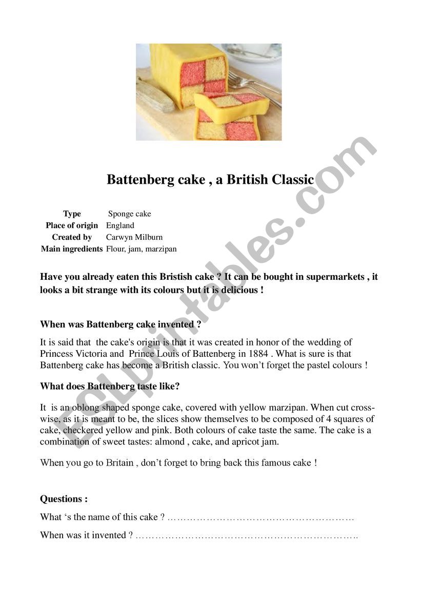 Battenberg Cake worksheet