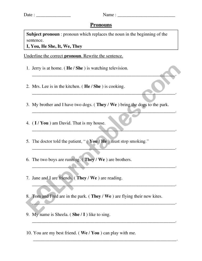 Personal Pronouns worksheet