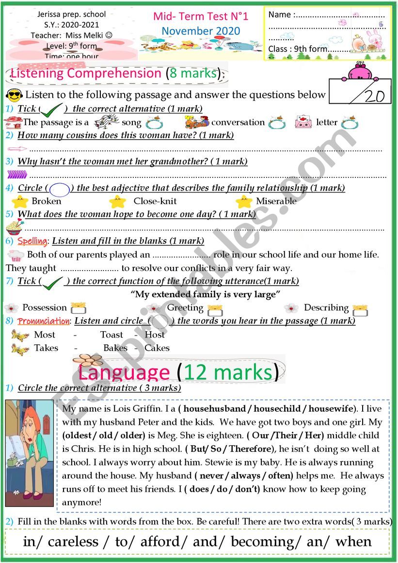 9th form test worksheet