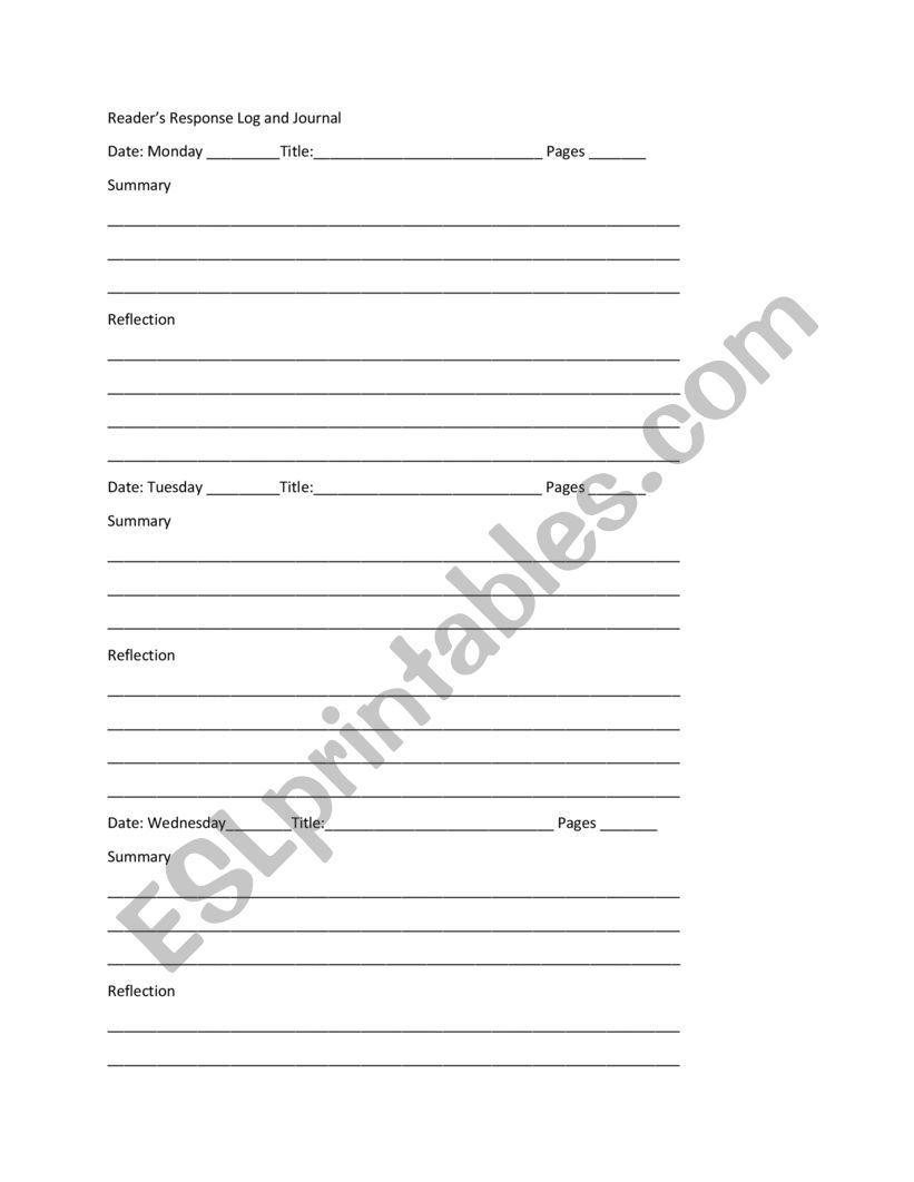 Reader response journal log worksheet