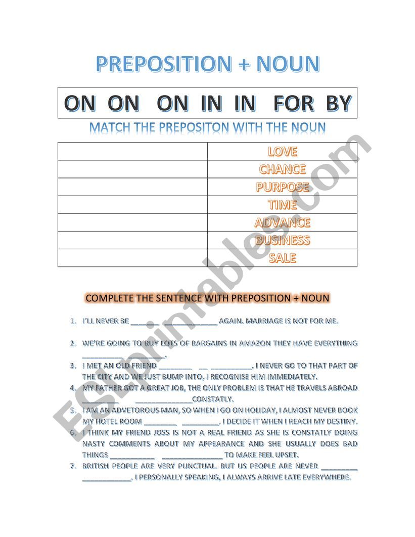 Prepositions + noun worksheet