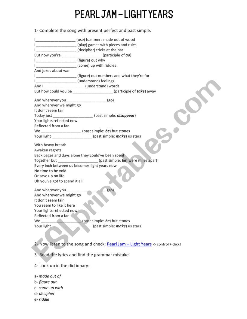 Pearl Jam - Light Years WORKSHEET. Present perfect + KEY