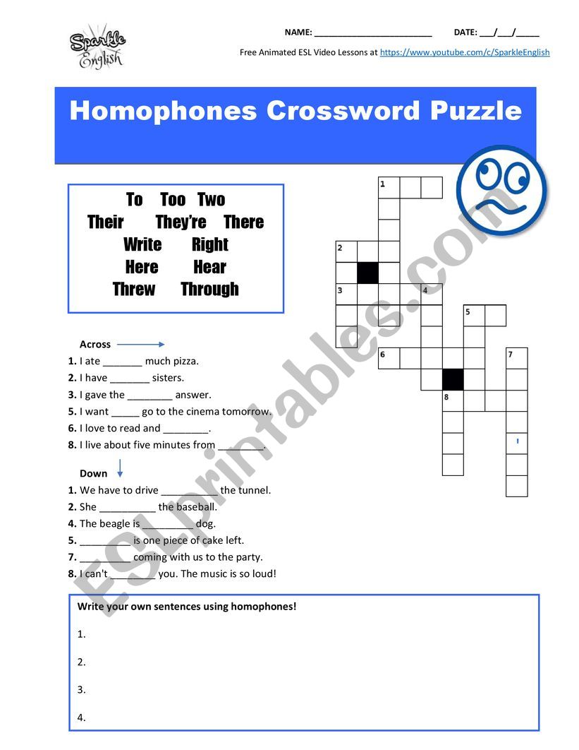 Homophones & Homonyms Crossword Puzzle, Fill-in-the-Blanks, and Sentence Writing