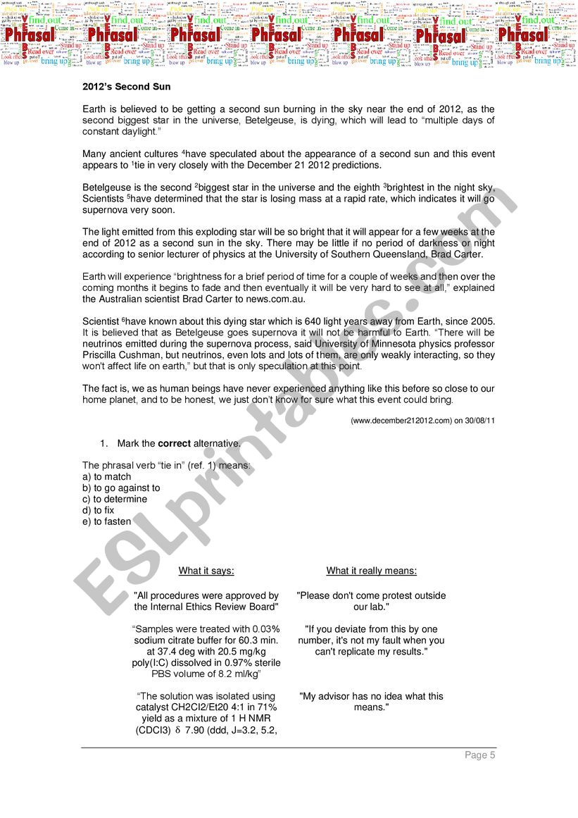 Phrasal Verbs & Key worksheet