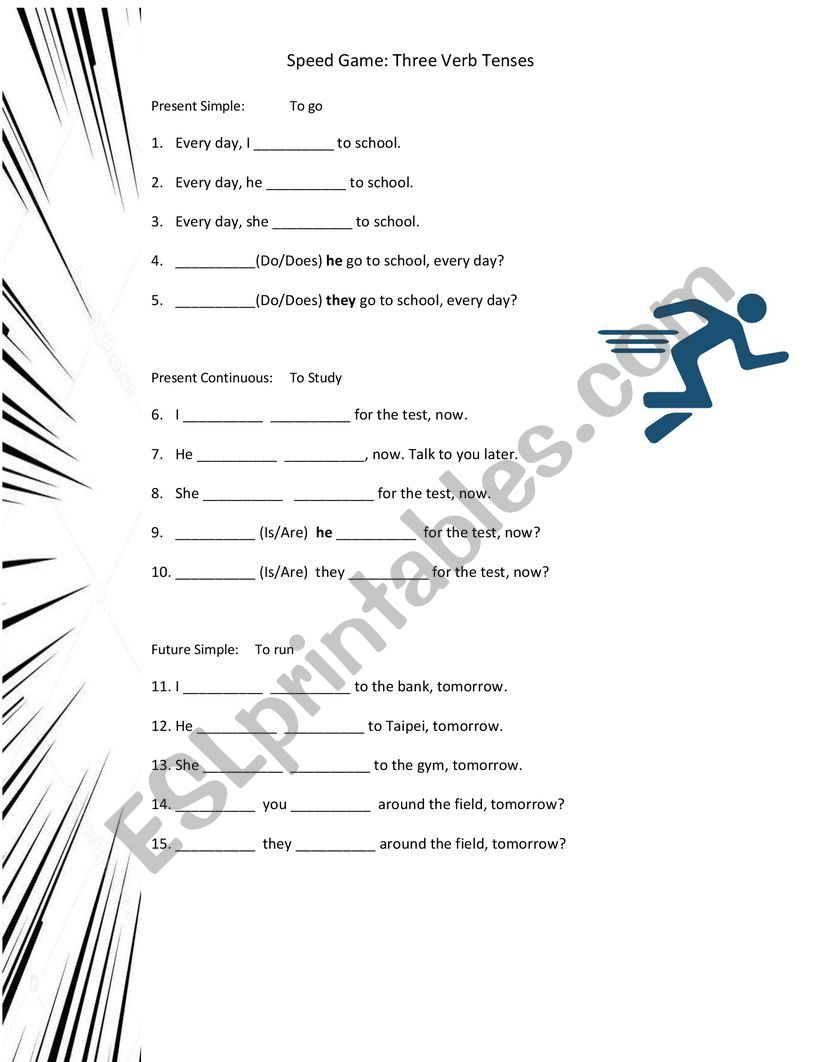 Speed Game- Three Verb Tenses worksheet