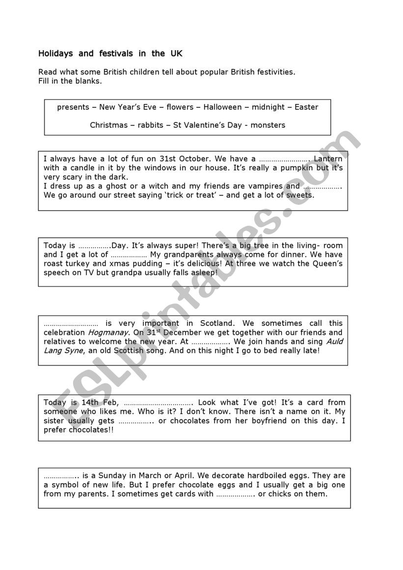 British Festivals worksheet