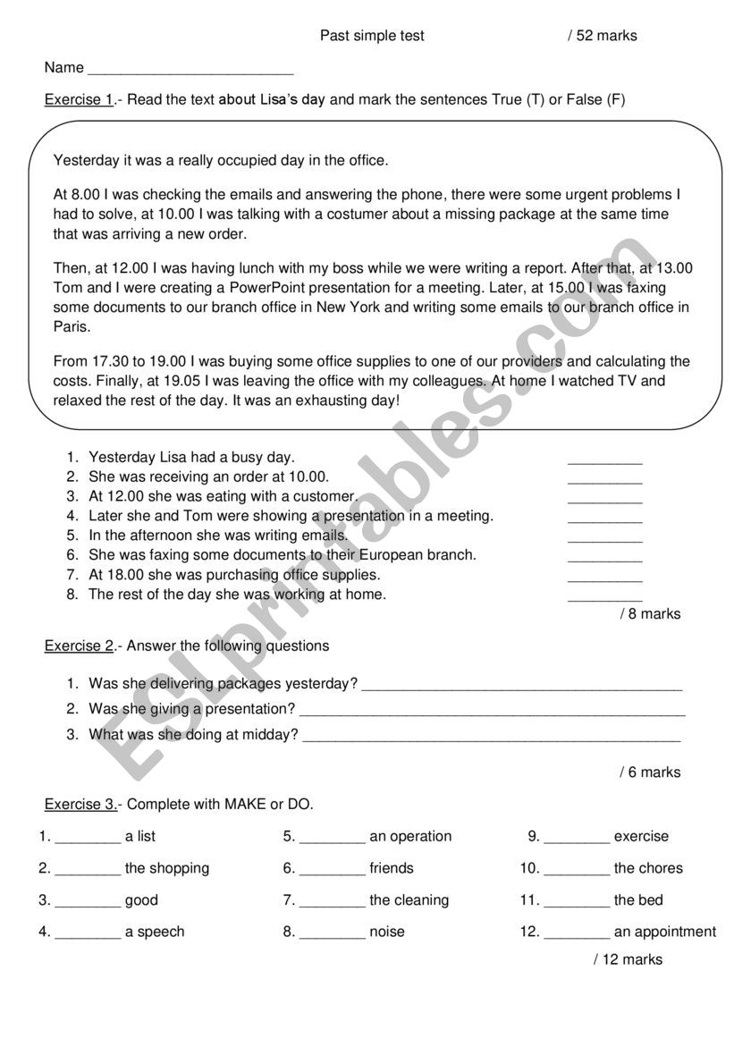 Past simple test with key worksheet