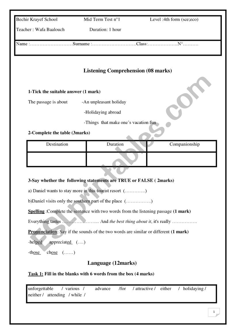 mid term test n°1 4th form - ESL worksheet by vbn.wafaenglish