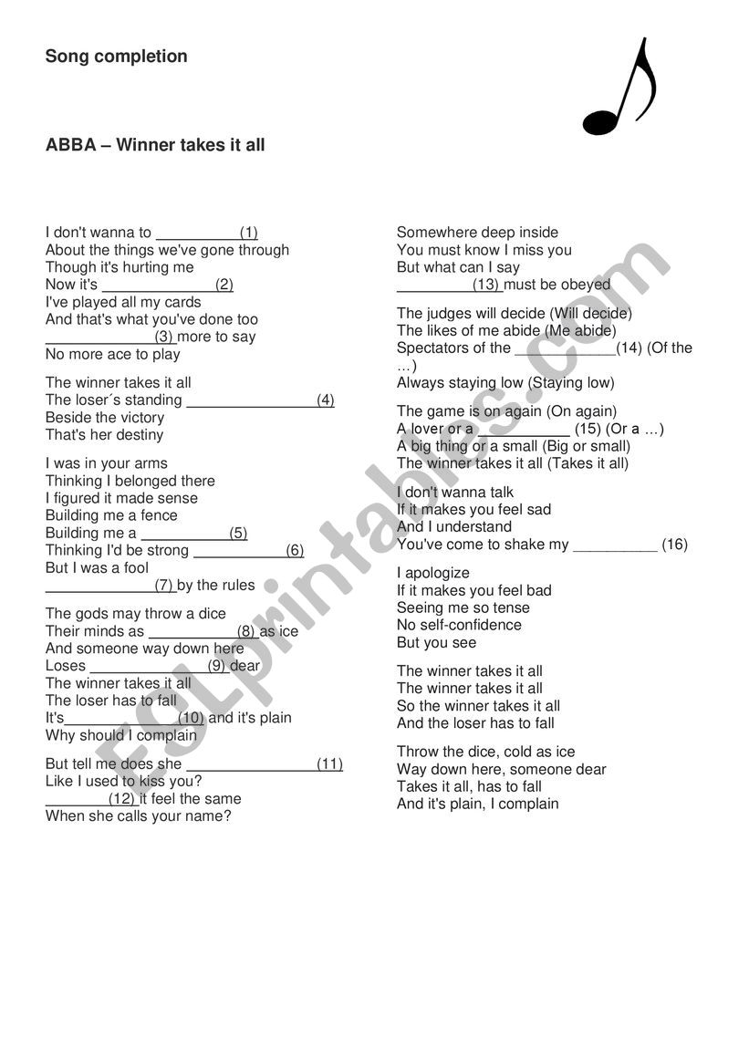 Song completion worksheet