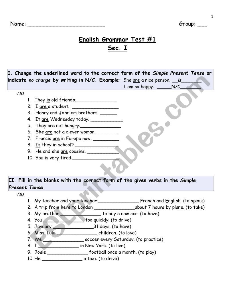 Grammar Test 1 worksheet