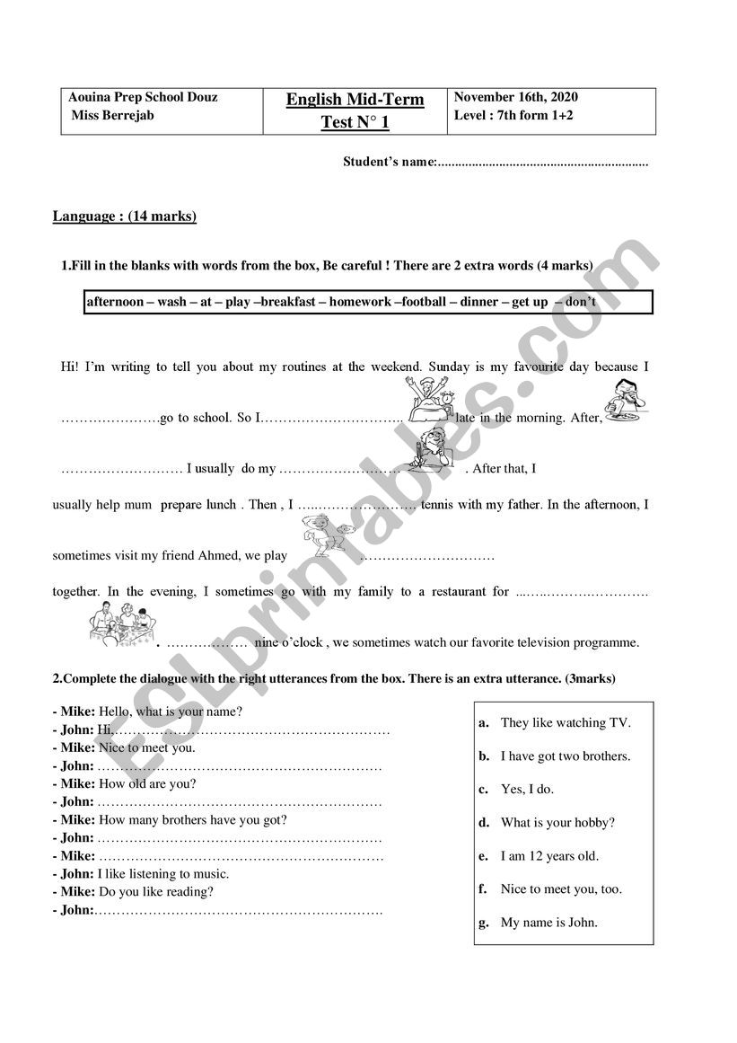 Mid term test 1 7th form worksheet