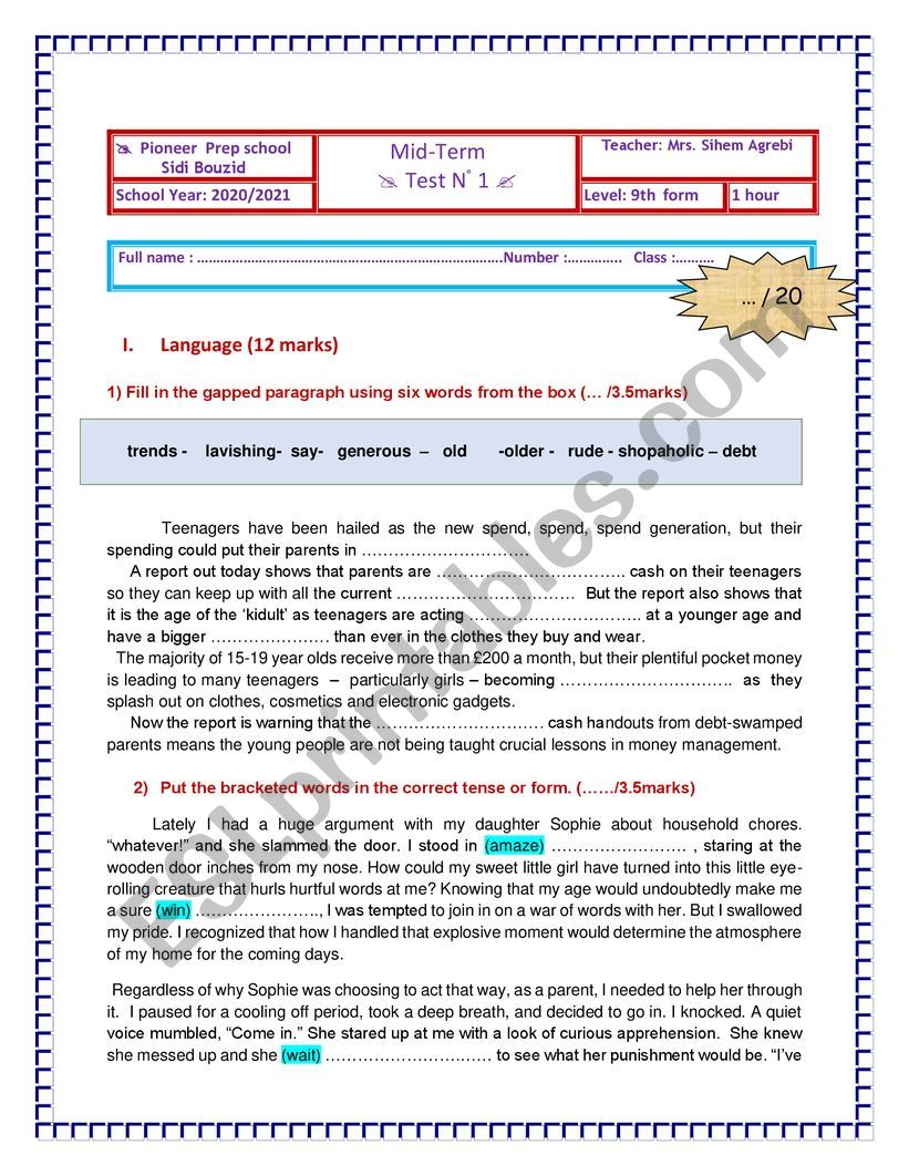 mid-term test 9th form worksheet