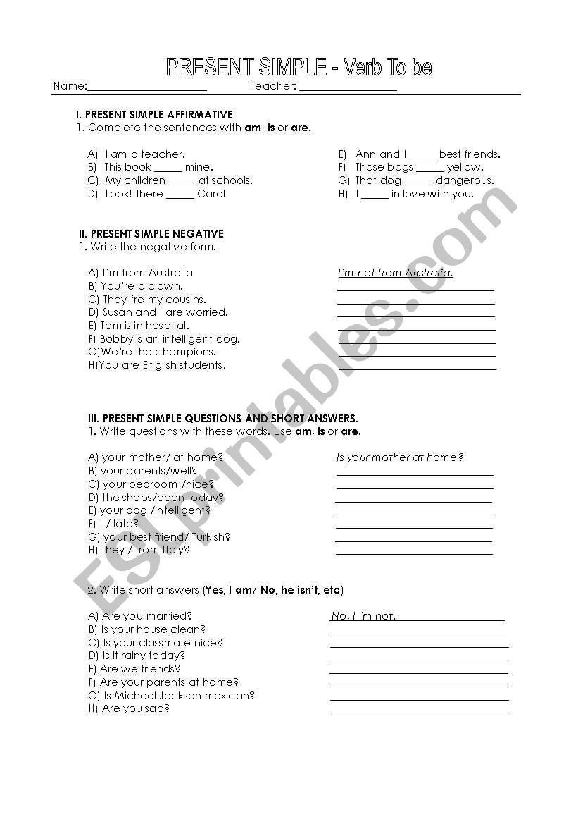 worksheet present simple verb to be