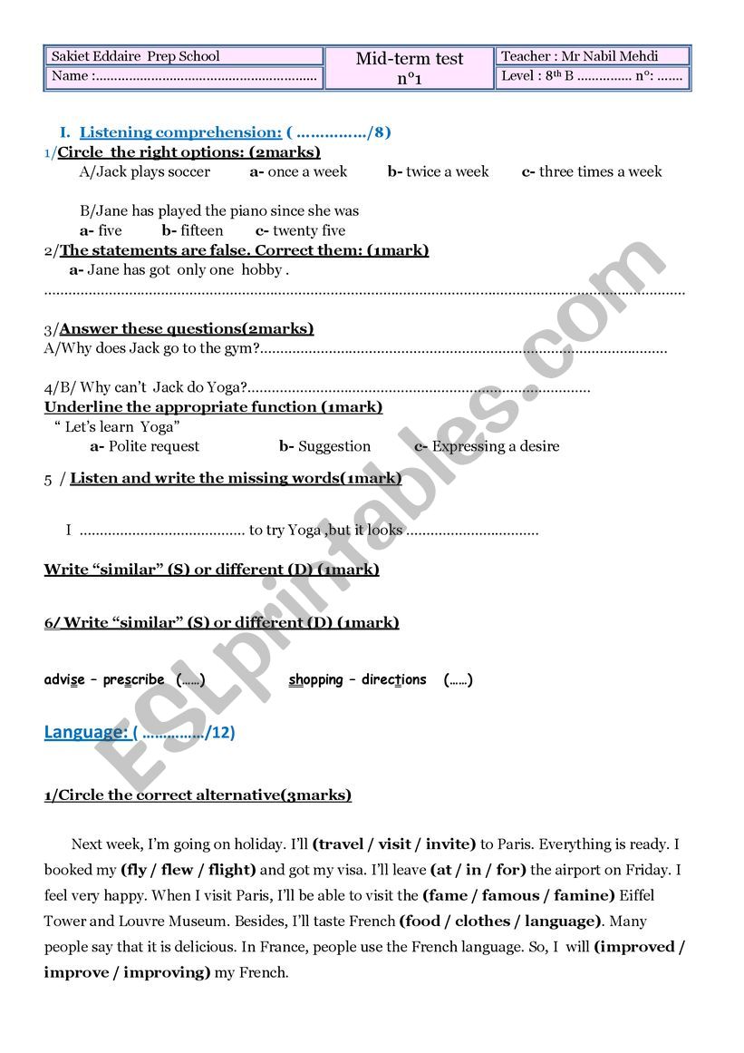 8th Mid test1 worksheet