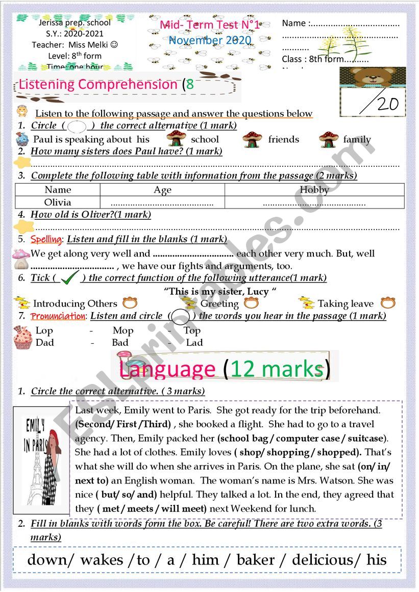 8th form test worksheet