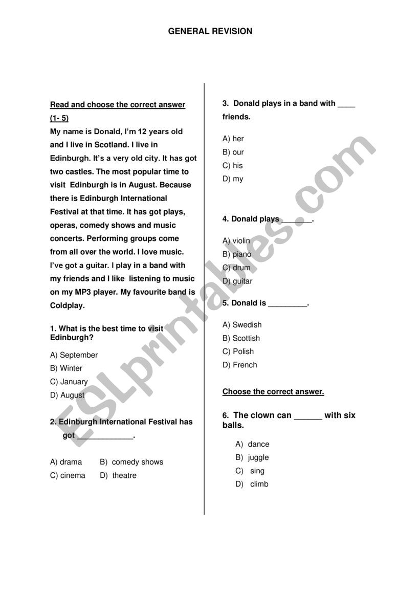 Multiple choice revision worksheet