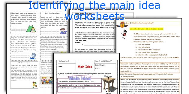 Identifying the main idea worksheets